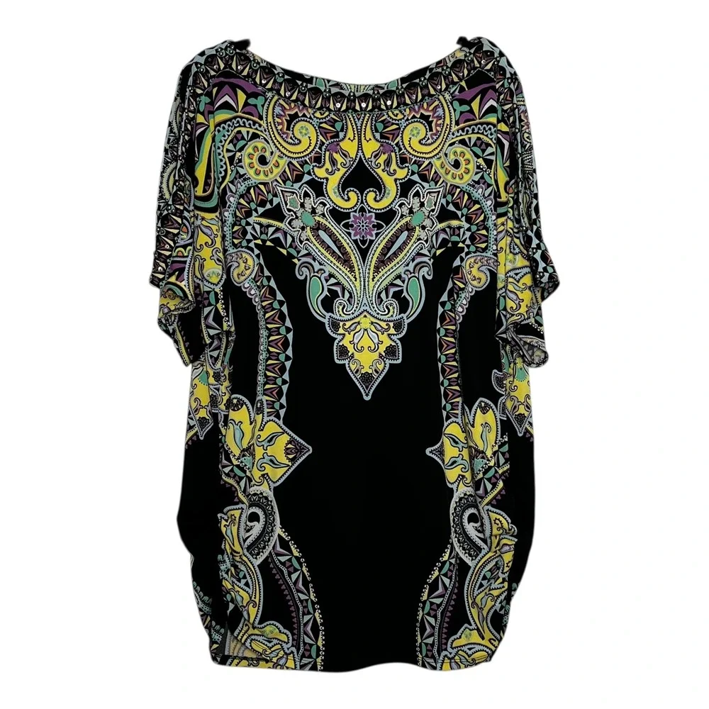 Roz & Ali Woman 2X Paisley Print Cold‎ Shoulder Rhinestone Boat Neck Blouse Top